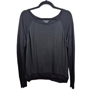Vince Top Womens L Black Silk Linen Blouse Long Sleeve Scoop Neck Mixed Media